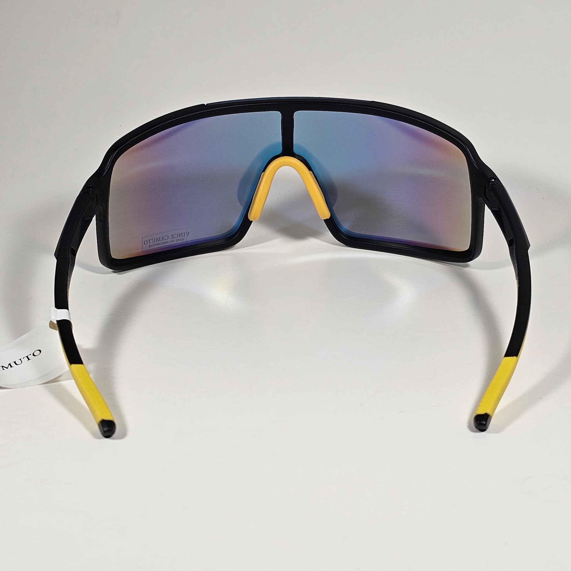 Vince Camuto VM706 OXYW Shield Sunglasses Black Yellow Frame Blue Orange Yellow Mirror Lens - Sunglasses