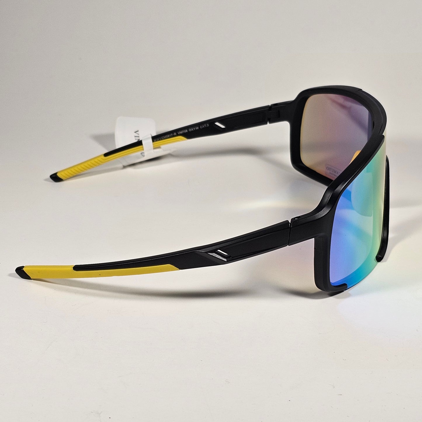 Vince Camuto VM706 OXYW Shield Sunglasses Black Yellow Frame Blue Orange Yellow Mirror Lens - Sunglasses