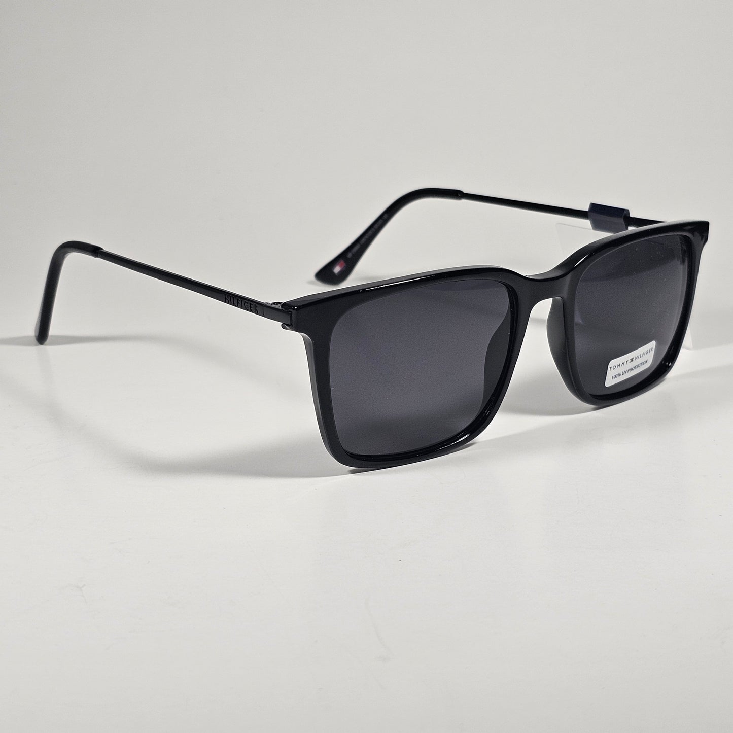 Tommy Hilfiger MP OM691 Rectangular Sunglasses Shiny Black Frame Gray Lens - Sunglasses