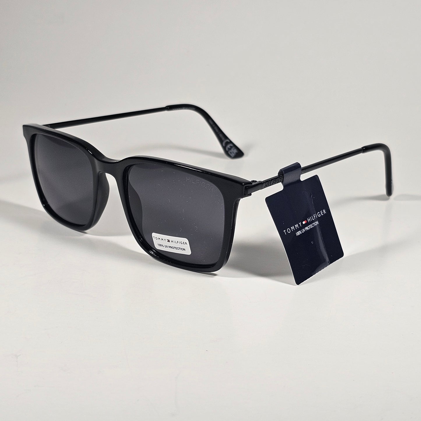 Tommy Hilfiger MP OM691 Rectangular Sunglasses Shiny Black Frame Gray Lens - Sunglasses