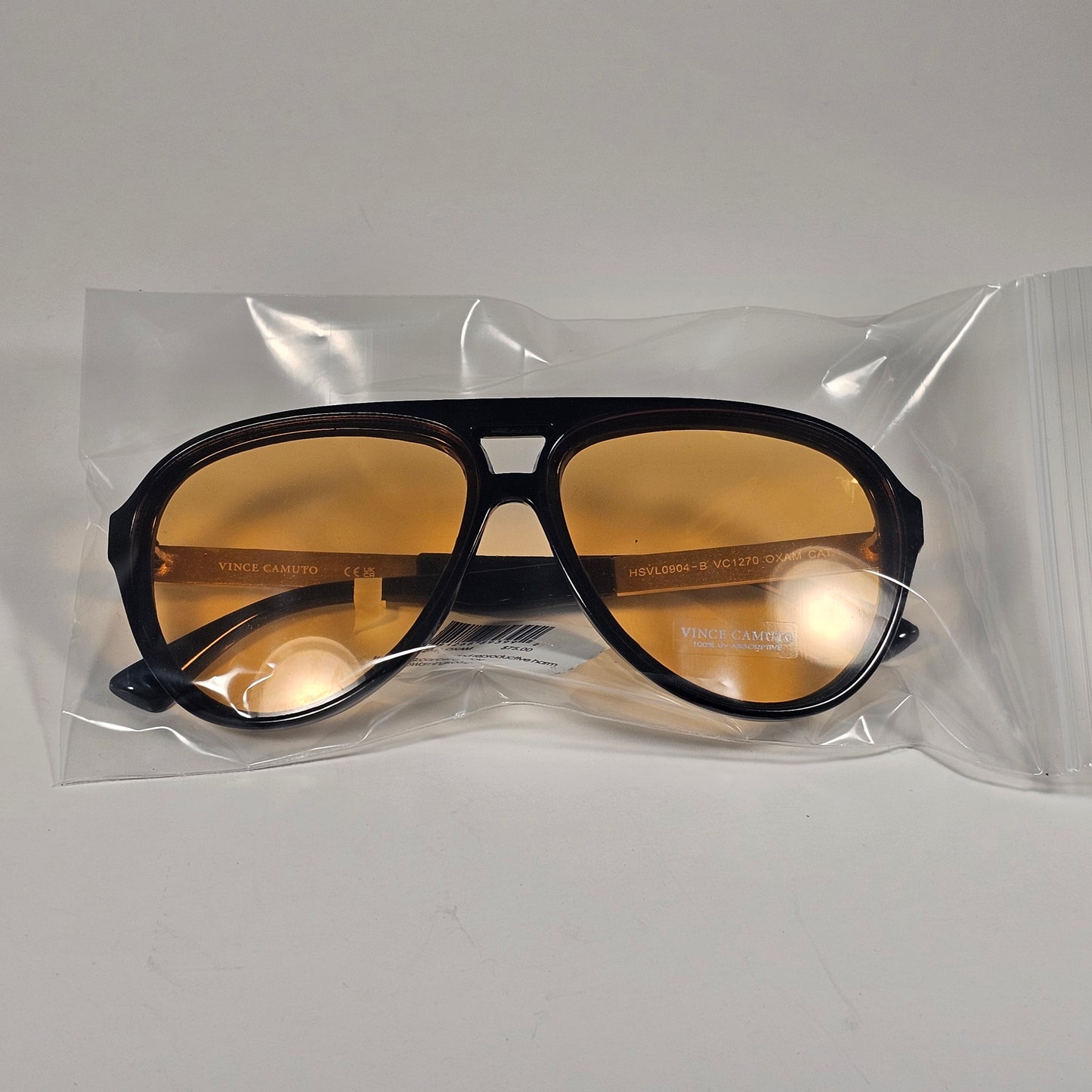 Vince Camuto VC1270 OXAM Aviator Sunglasses Shiny Black Gold Frame Amber Lens