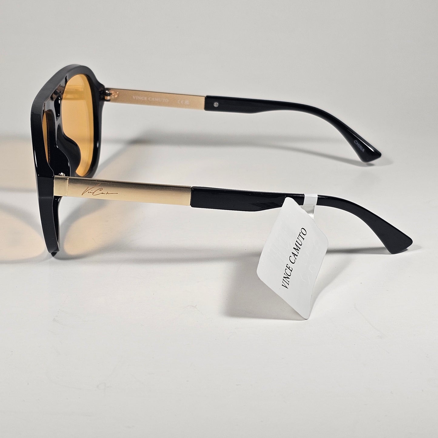 Vince Camuto VC1270 OXAM Aviator Sunglasses Shiny Black Gold Frame Amber Lens
