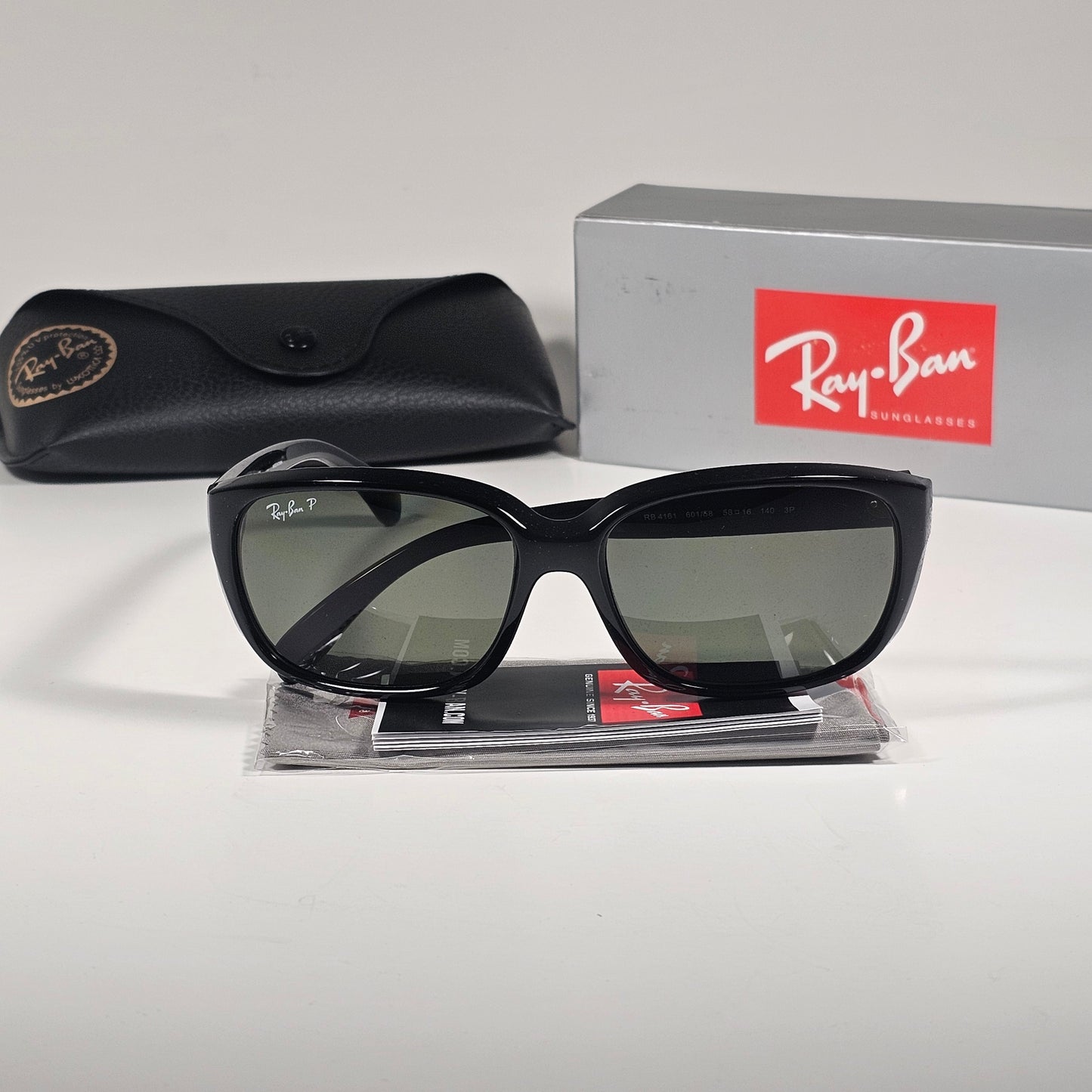 Ray-Ban RB4161 601/58 Polarized Rectangle Highstreet Sunglasses Black Green Lens