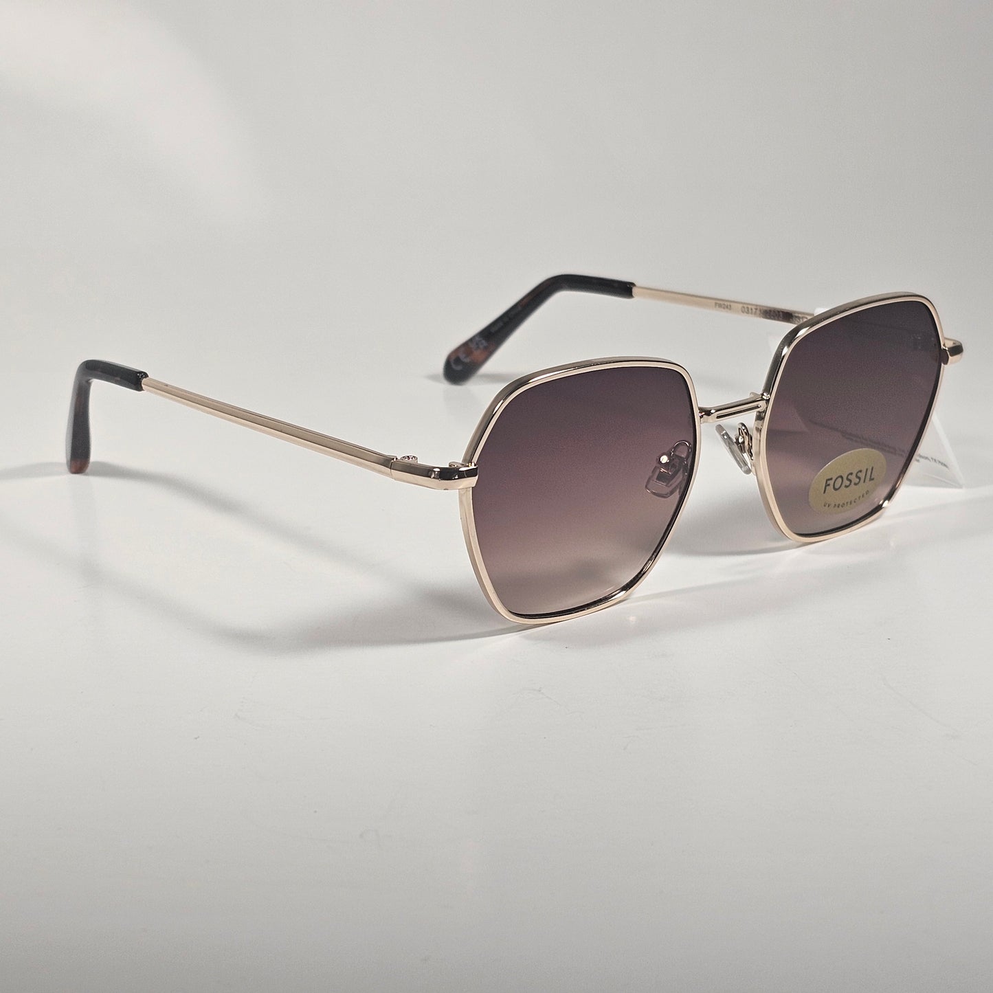 Fossil FW243 Geometric Sunglasses Gold Metal Frame Brown Gradient Lens 53mm