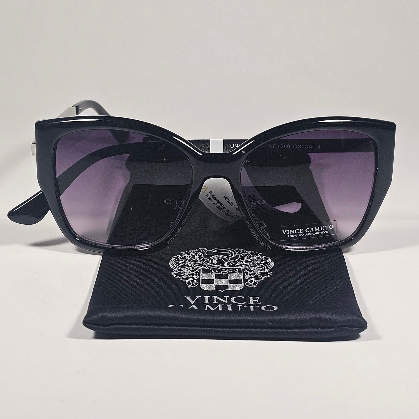 Vince Camuto VC1289 OX Oversize Cat Eye Cutoff Sunglasses Black Silver Smoke Gradient Lens