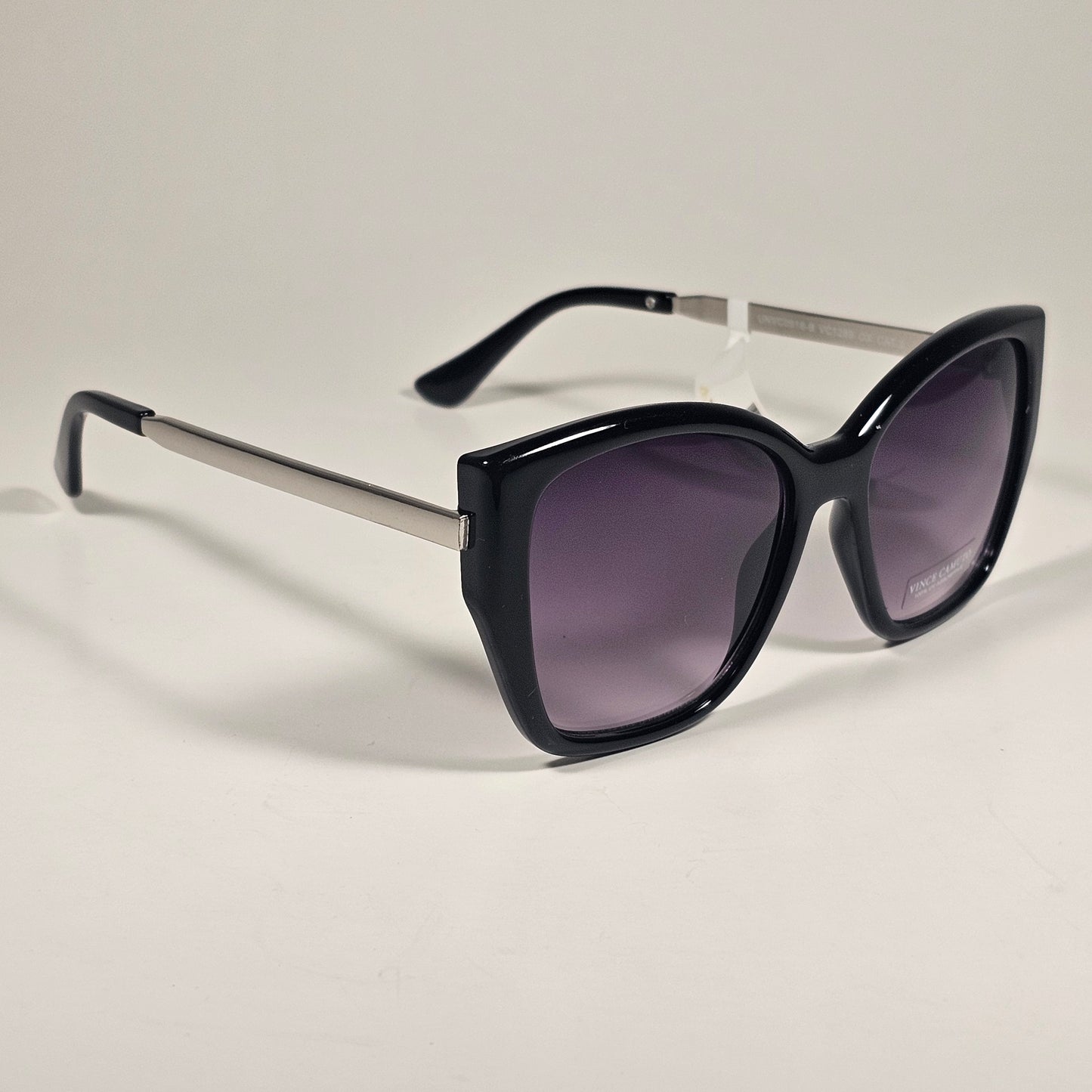 Vince Camuto VC1289 OX Oversize Cat Eye Cutoff Sunglasses Black Silver Smoke Gradient Lens