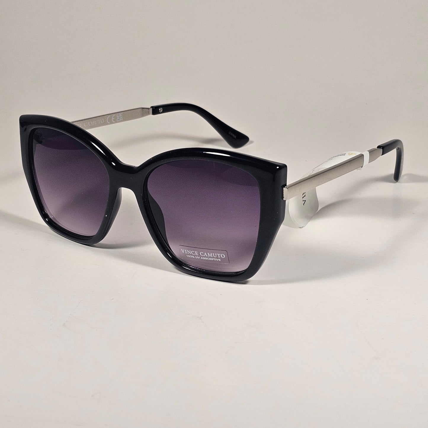 Vince Camuto VC1289 OX Oversize Cat Eye Cutoff Sunglasses Black Silver Smoke Gradient Lens