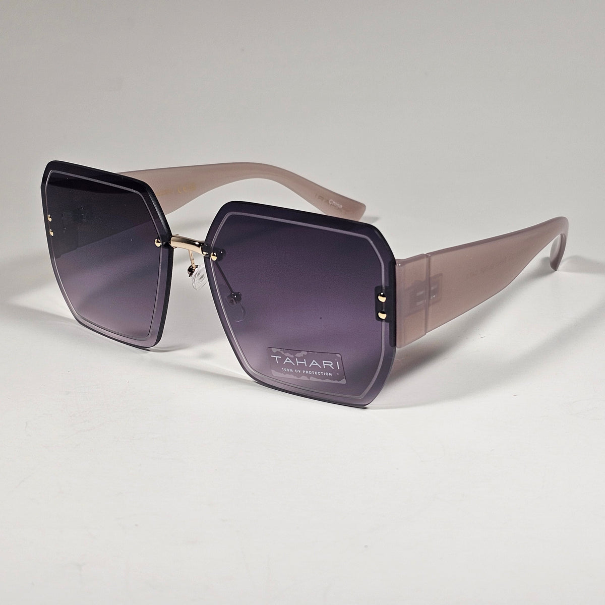 Tahari Rimless Geometric Sunglasses Nude Frame Smoke Gradient Lens TH941 GLDBR