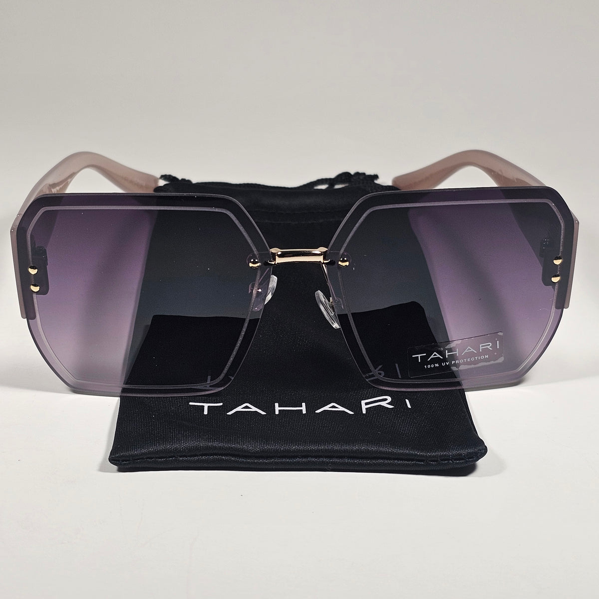 Tahari Rimless Geometric Sunglasses Nude Frame Smoke Gradient Lens TH941 GLDBR