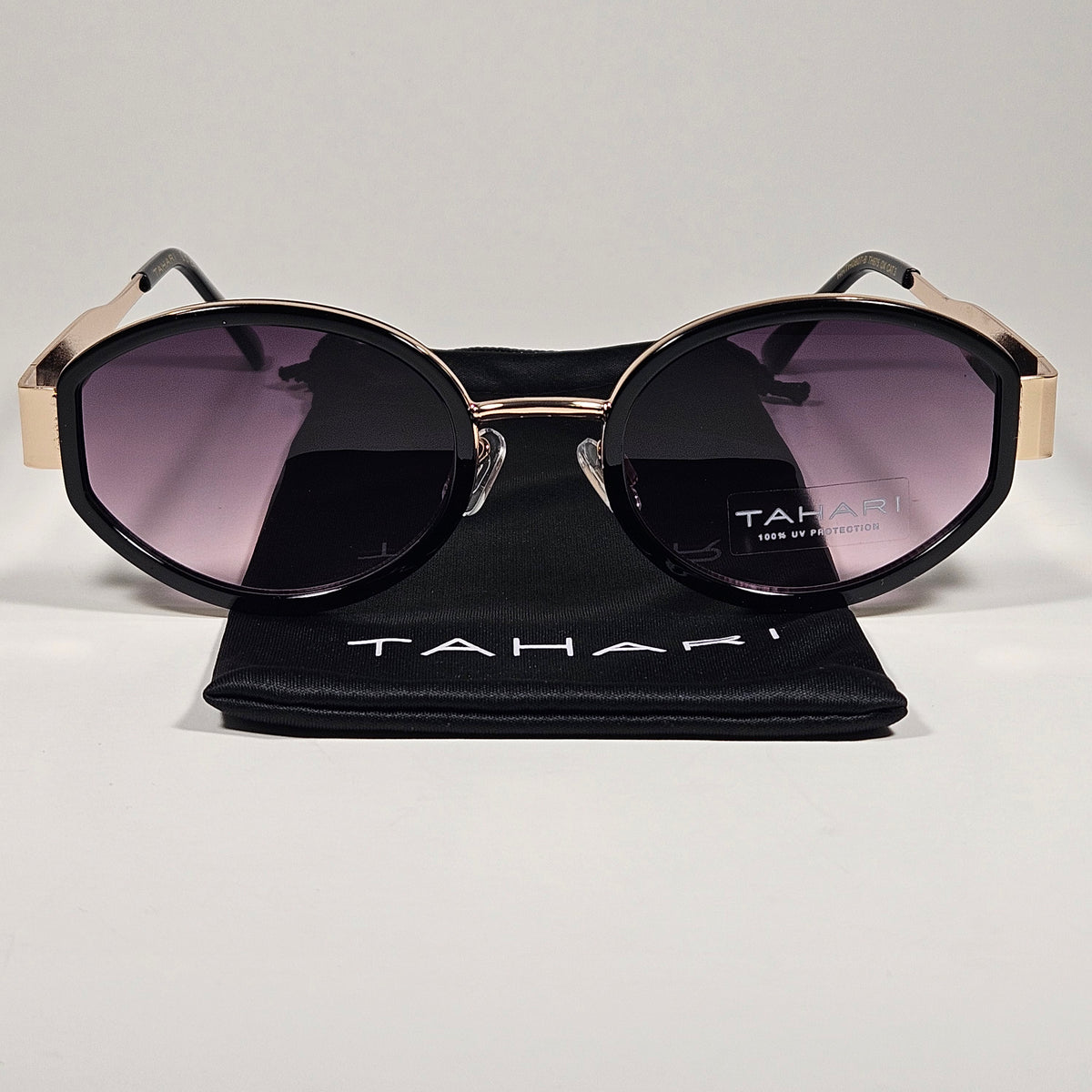 Tahari TH975 OX Oval Sunglasses Gold Tone Black Frame Smoke Gradient Lens
