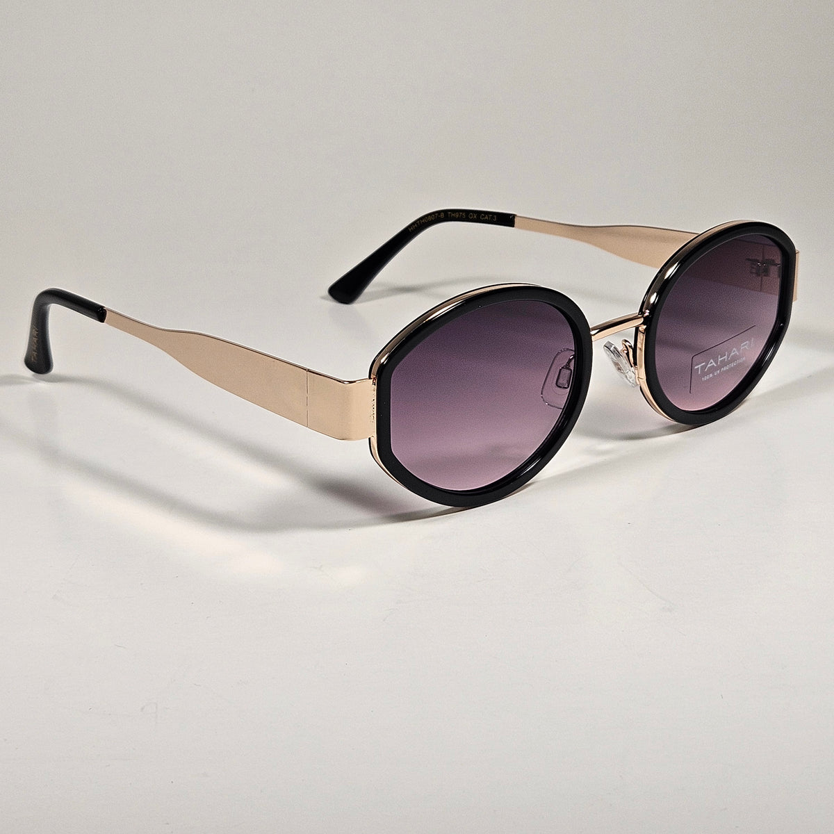 Tahari TH975 OX Oval Sunglasses Gold Tone Black Frame Smoke Gradient Lens