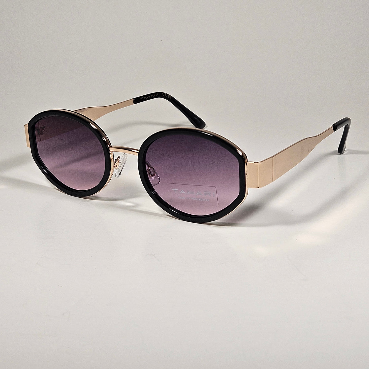 Tahari TH975 OX Oval Sunglasses Gold Tone Black Frame Smoke Gradient Lens