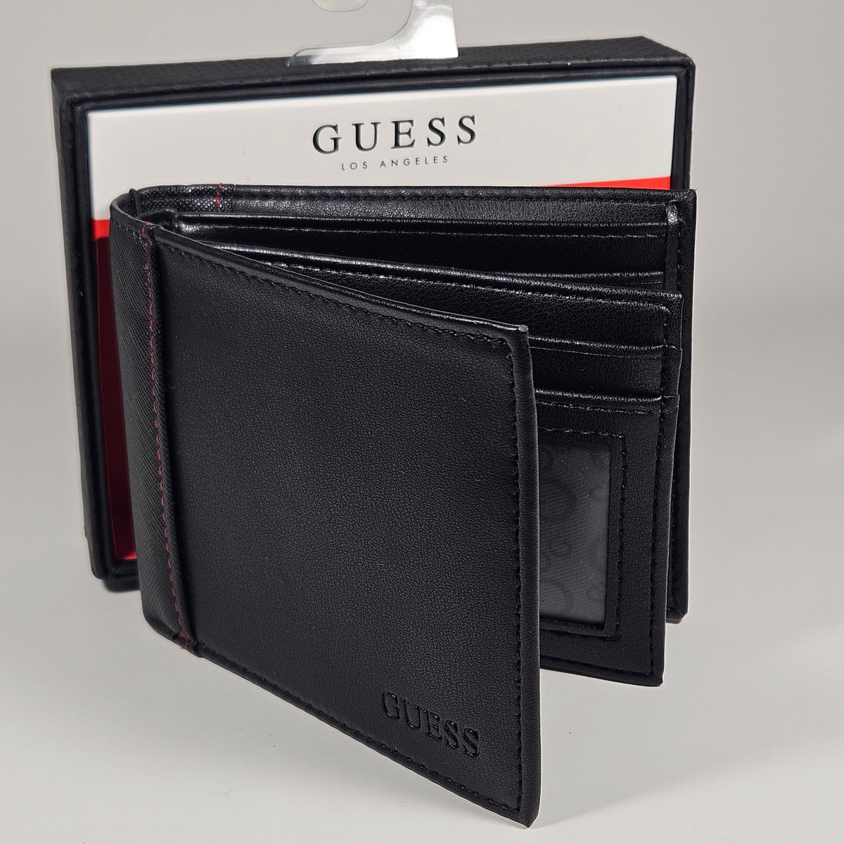 Guess Los Angeles Men's Bifold Wallet Faux Black Red Stitching 31GO220162