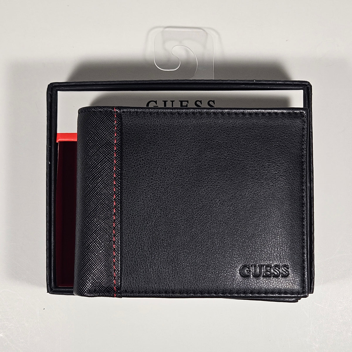 Guess Los Angeles Men's Bifold Wallet Faux Black Red Stitching 31GO220162