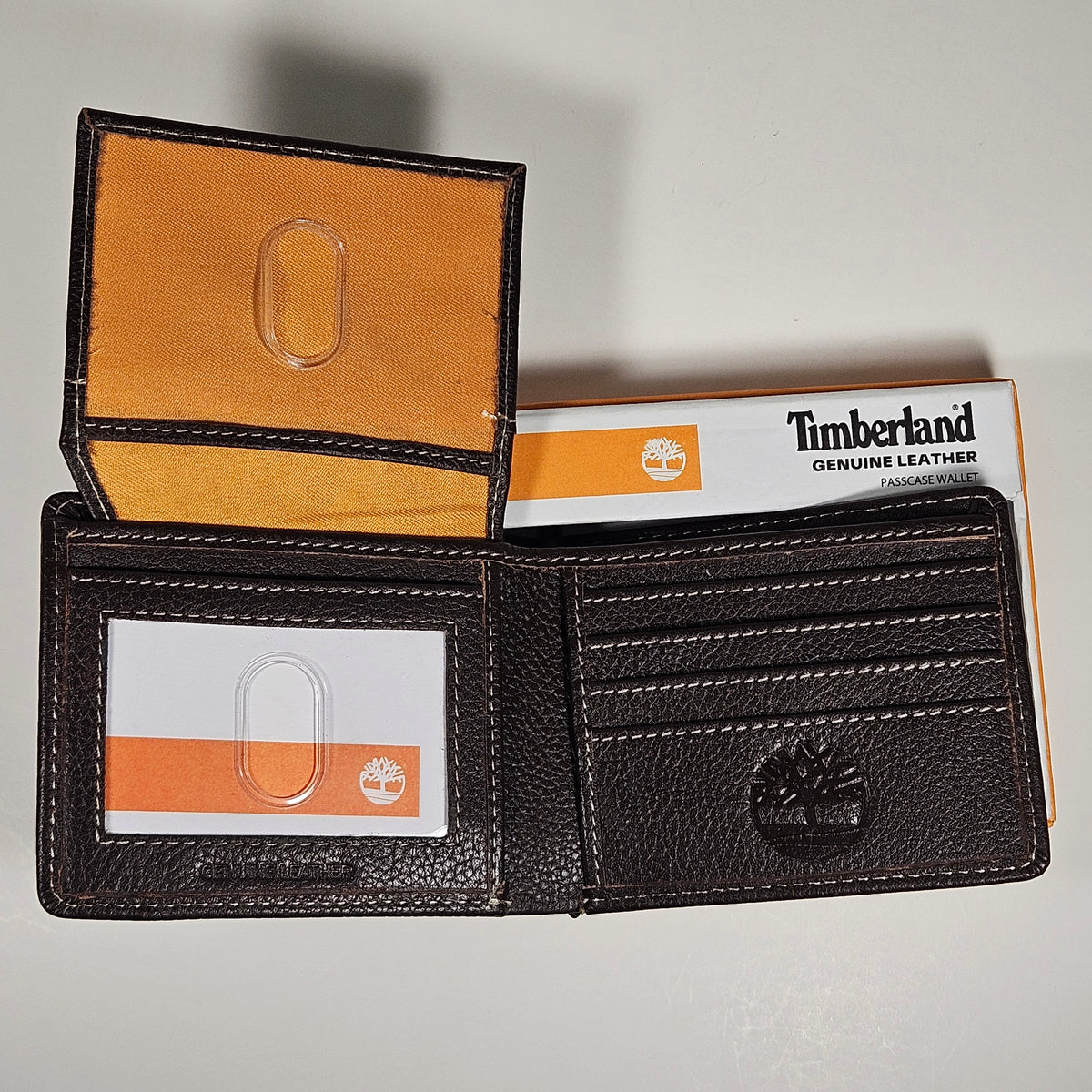 Timberland Men's Bifold Brown Stitched Genuine Leather Passcase Wallet NP0696 01