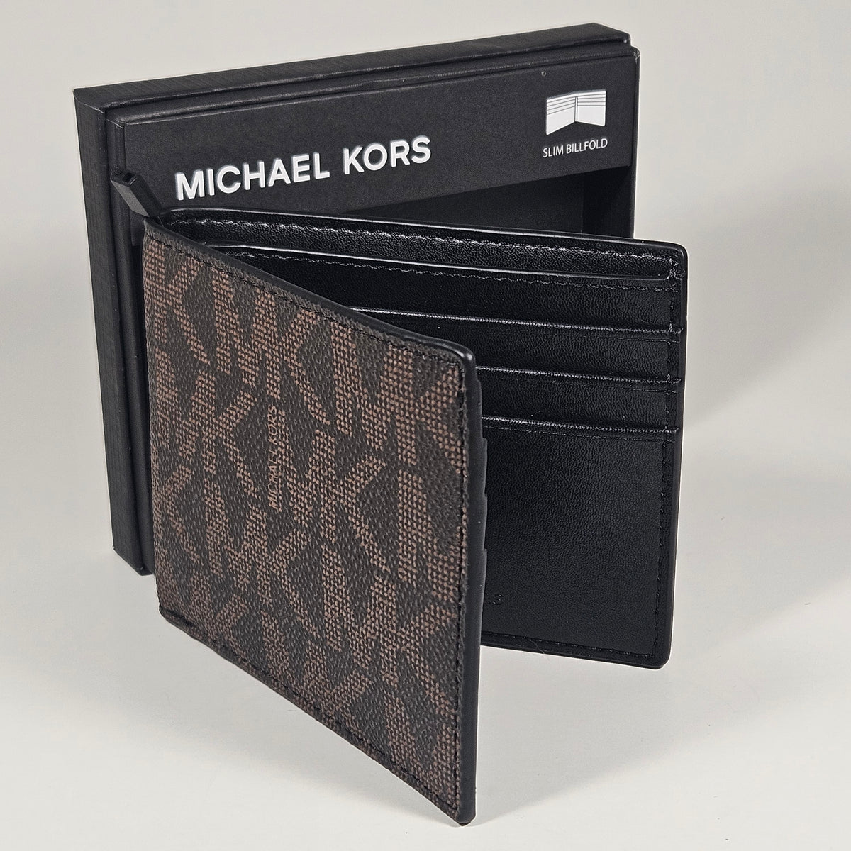 Michael Kors Men's "Jet Set" Bifold Brown Black MK Canvas Slim Wallet 86F5SMNF5B