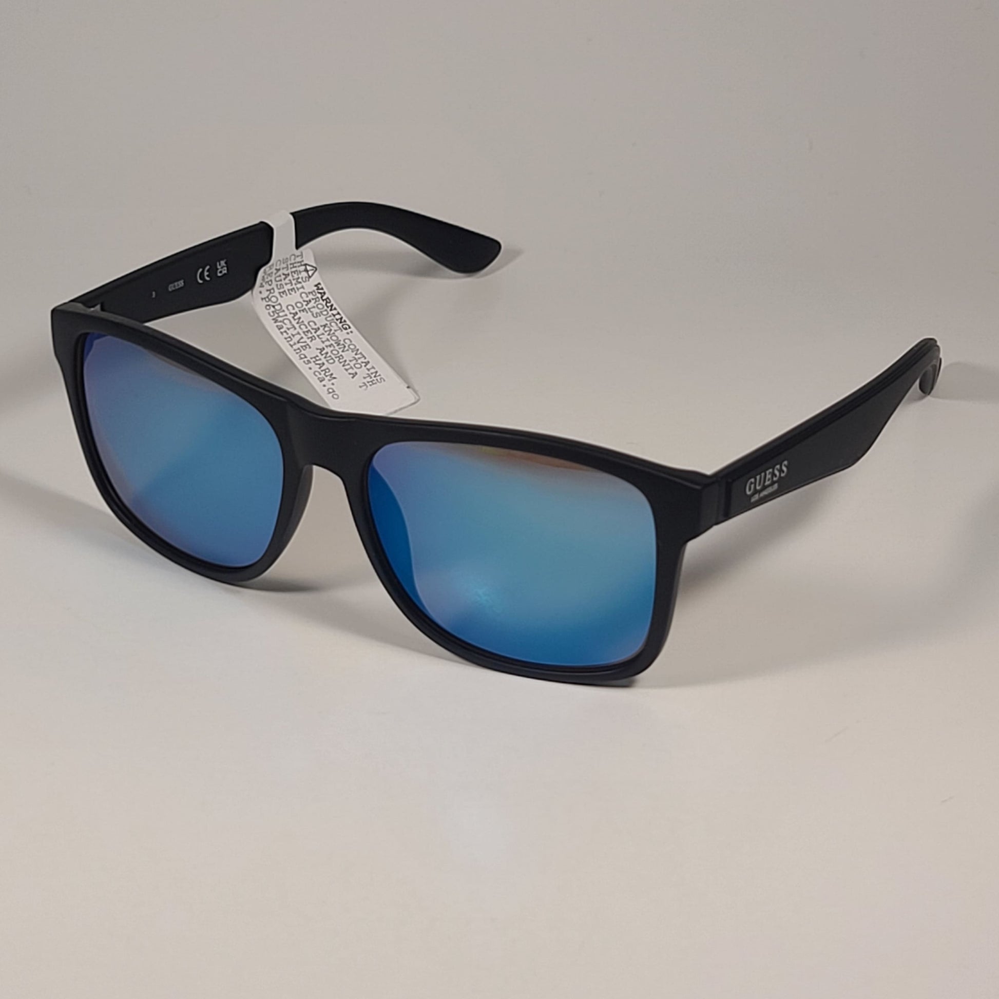 Guess GF0203 02X Square Sunglasses Matte Black Frame Blue Mirror Lens 57mm - Sunglasses