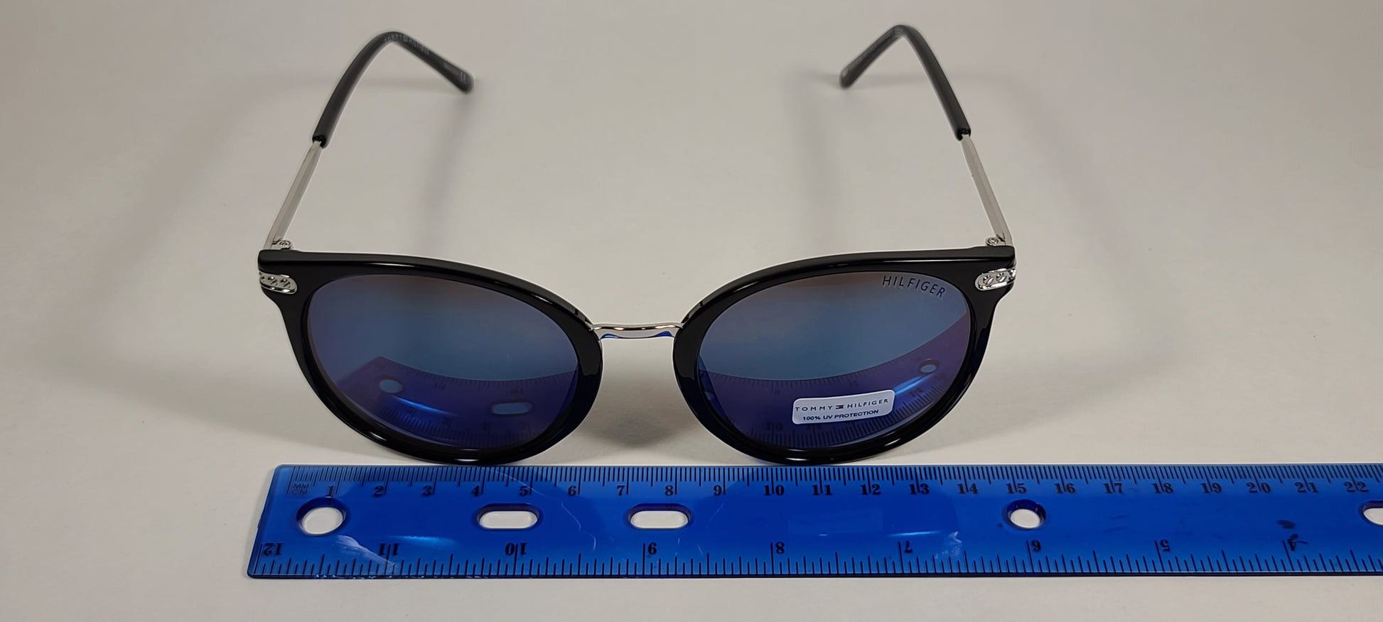 Tommy Hilfiger Mystique Sunglasses Shiny Black And Silver Frame Blue Mirror Lens MYSTIQUE WP OL510 - Sunglasses