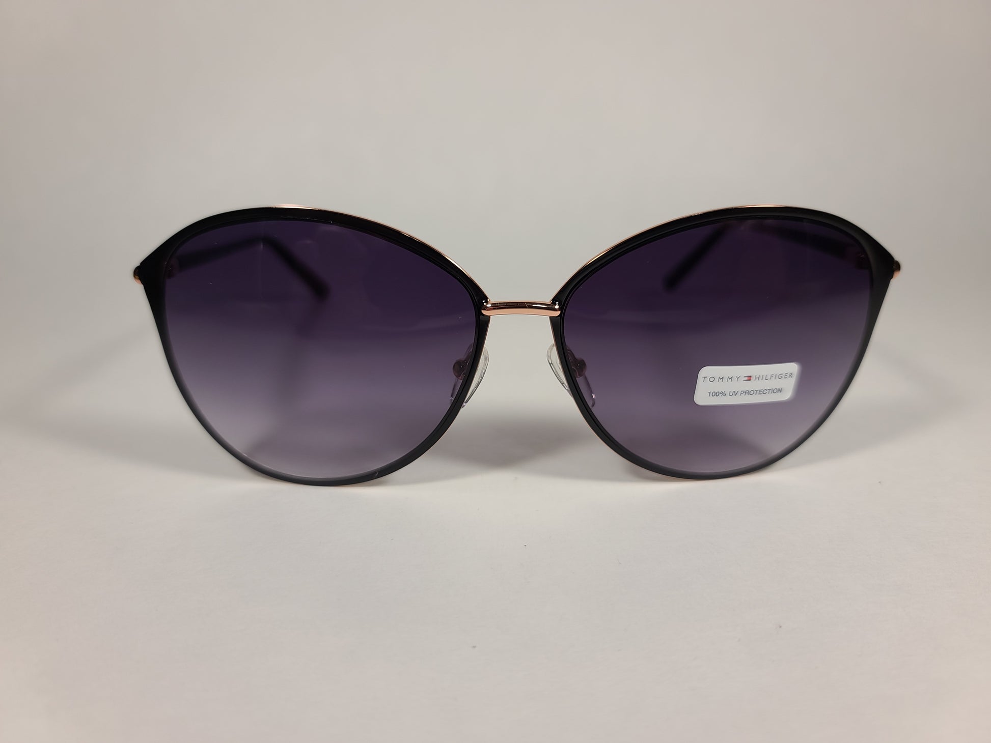 Tommy Hilfiger Shuri Cat Eye Sunglasses Shiny Black and Gold Frame Smoke Gradient Lens SHURI WM OL504 - Sunglasses
