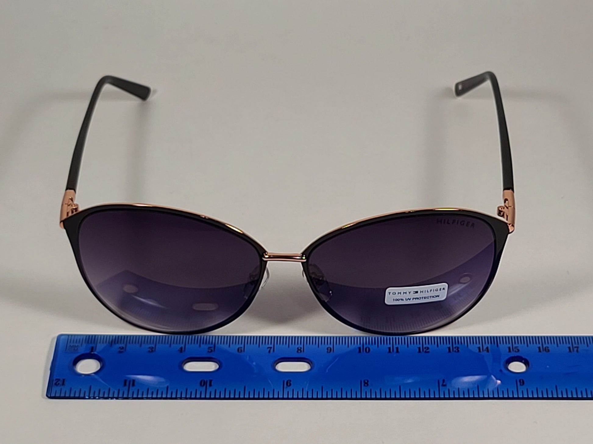 Tommy Hilfiger Shuri Cat Eye Sunglasses Shiny Black and Gold Frame Smoke Gradient Lens SHURI WM OL504 - Sunglasses