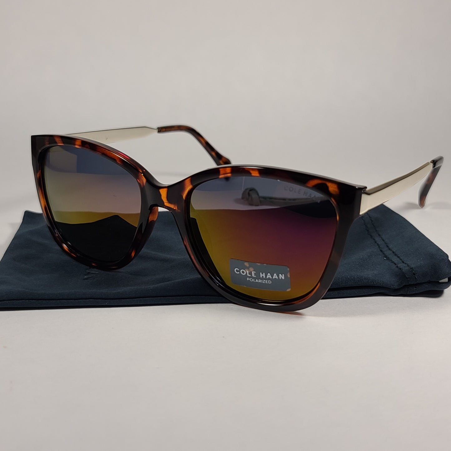 Cole Haan Square Polarized Sunglasses Tortoise And Gold Frame Mirror Lens CH9001 215 TORTOISE - Sunglasses