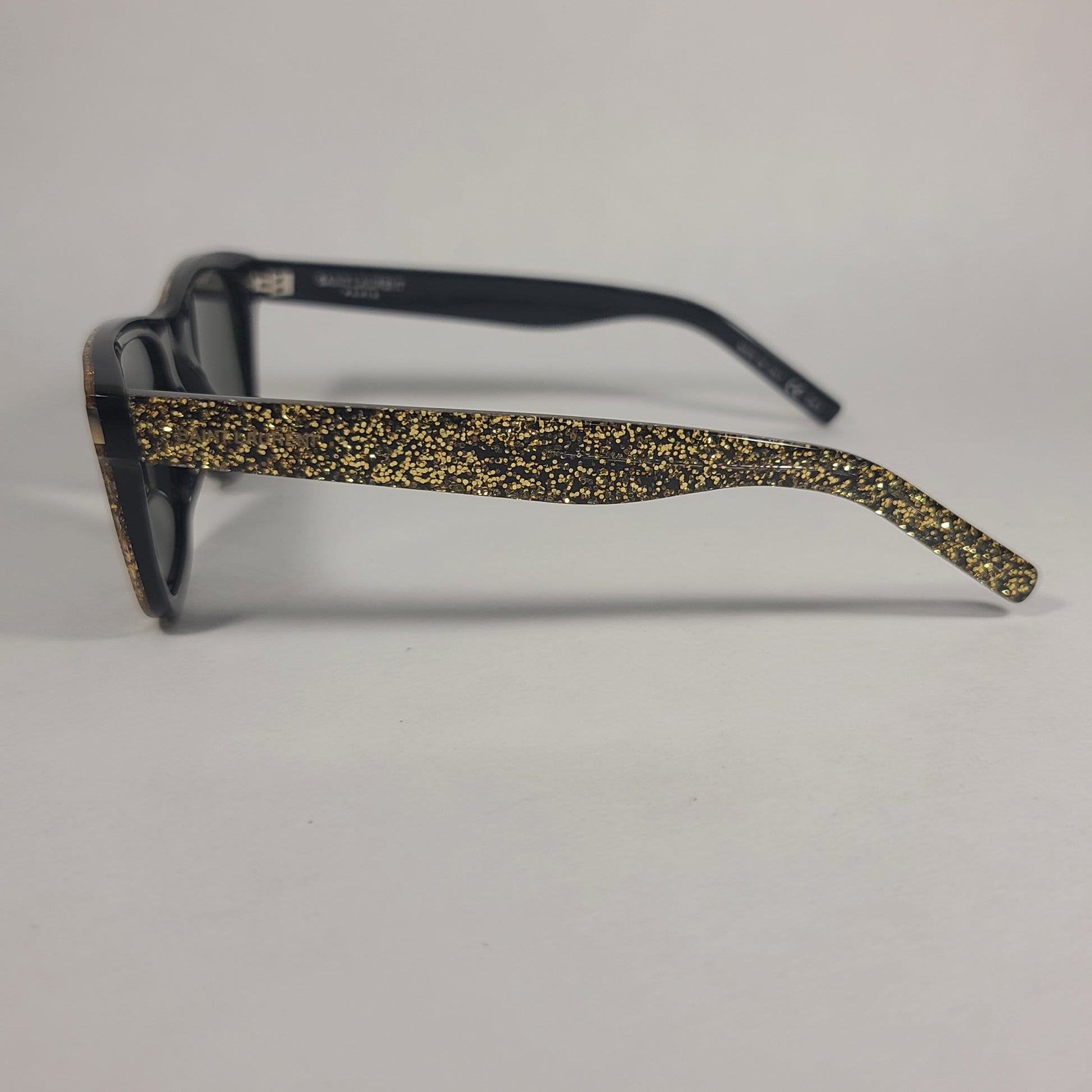 Saint Laurent Square Sunglasses Black Gold Glitter Frame Gray Lens SL51 008 - Sunglasses