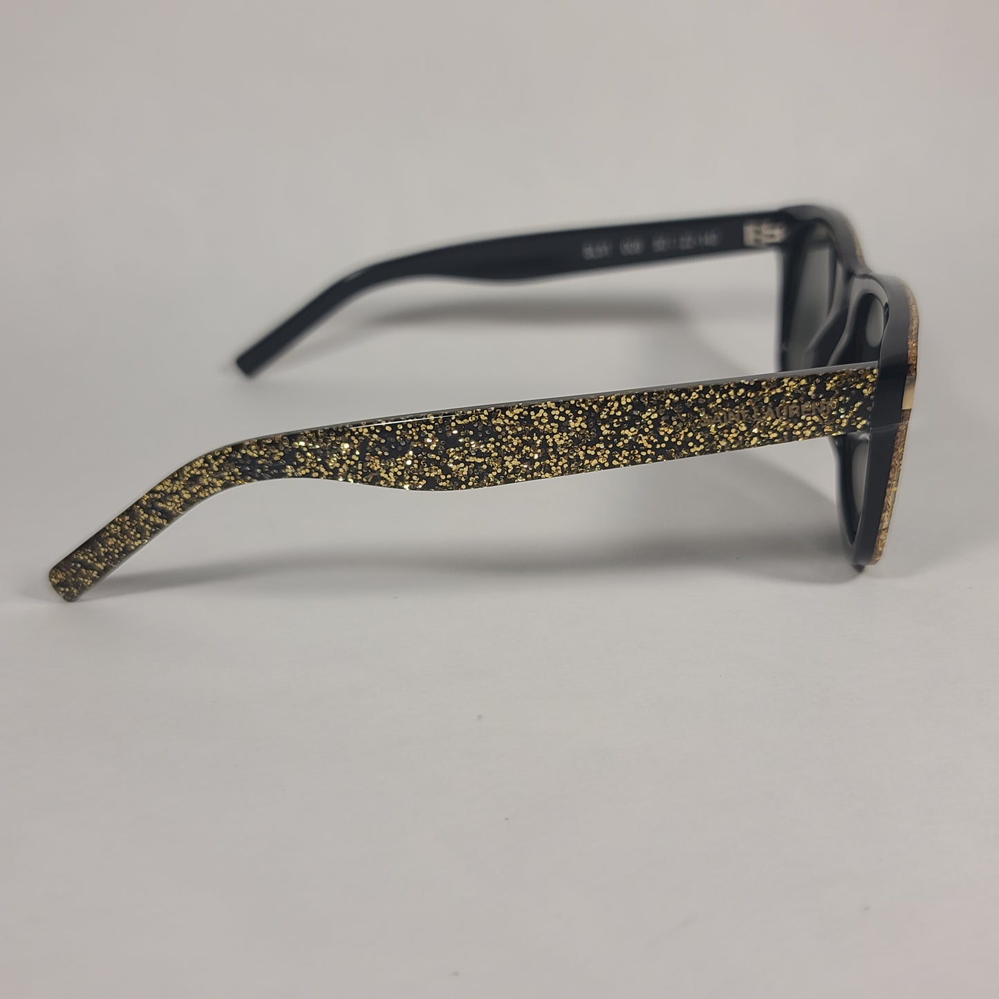 Saint Laurent Square Sunglasses Black Gold Glitter Frame Gray Lens SL51 008 - Sunglasses