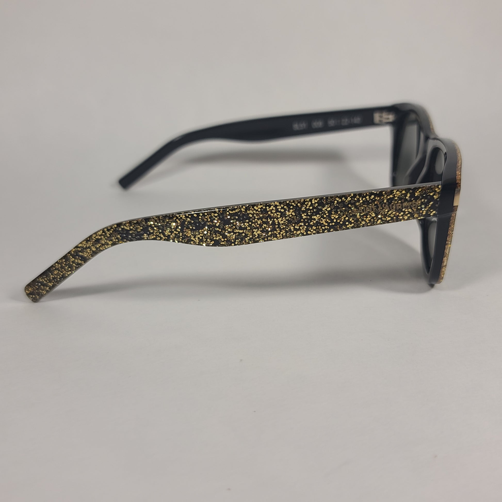 Saint Laurent Square Sunglasses Black Gold Glitter Frame Gray Lens SL51 008 - Sunglasses