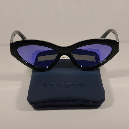 Le Specs Synthcat Retro Cat Eye Sunglasses Shiny Black Frame Blue Mirror Lens LSP1902103 - Sunglasses