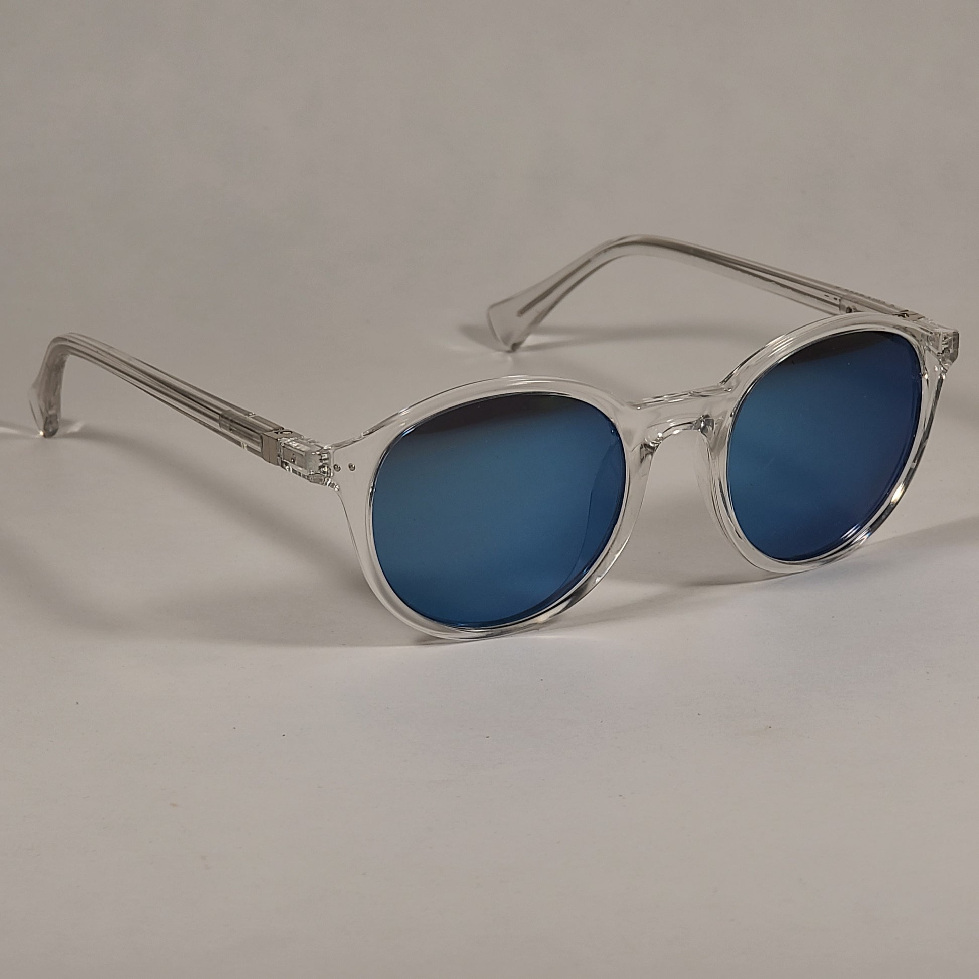 Cole Haan Round Polarized Sunglasses Crystal Clear Frame Blue Flash Mirror Lens CH9003 971 CRYSTAL/BLUE FLASH - Sunglasses