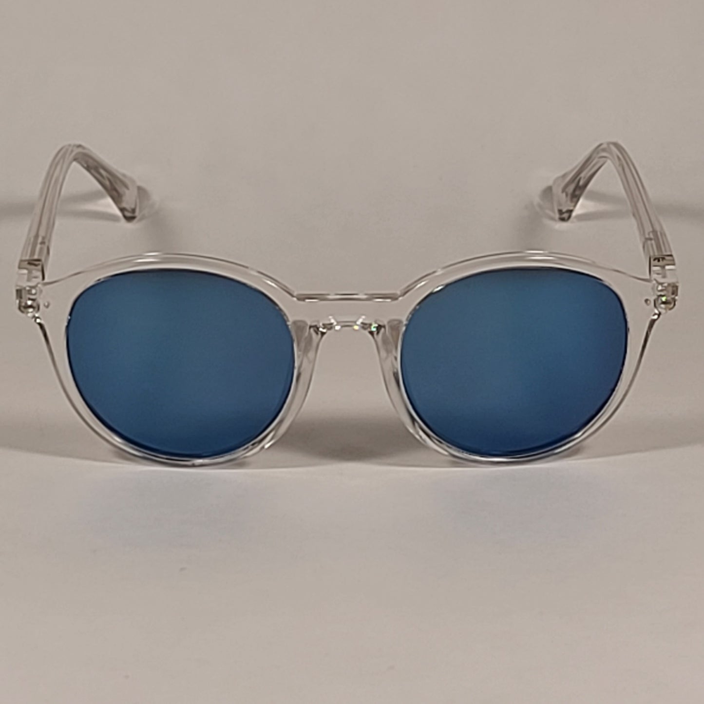 Cole Haan Round Polarized Sunglasses Crystal Clear Frame Blue Flash Mirror Lens CH9003 971 CRYSTAL/BLUE FLASH - Sunglasses