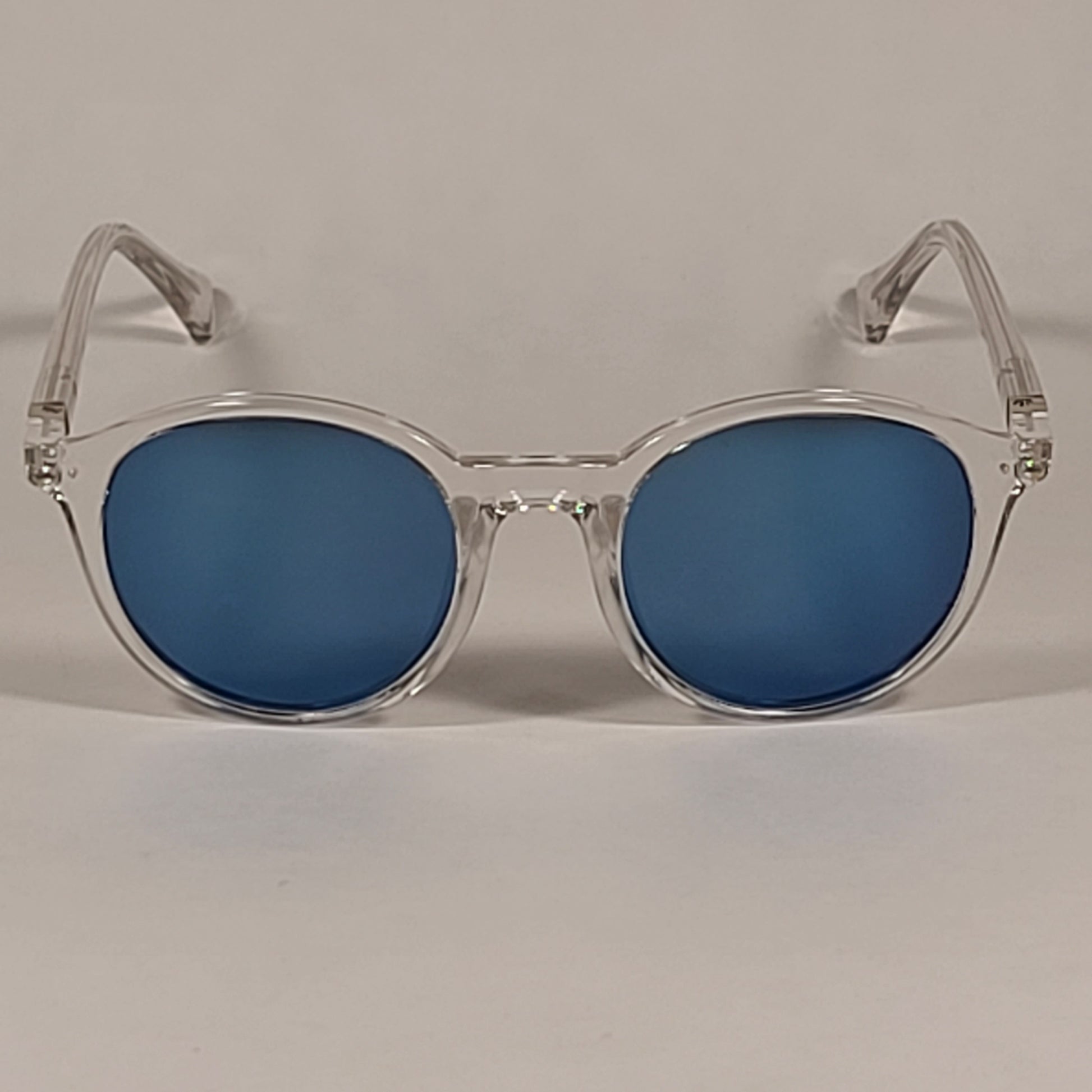 Cole Haan Round Polarized Sunglasses Crystal Clear Frame Blue Flash Mirror Lens CH9003 971 CRYSTAL/BLUE FLASH - Sunglasses