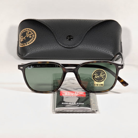 Ray-Ban Leonard Square Sunglasses Brown Havana Tortoise Frame Green Lens RB2193 902/31 - Sunglasses