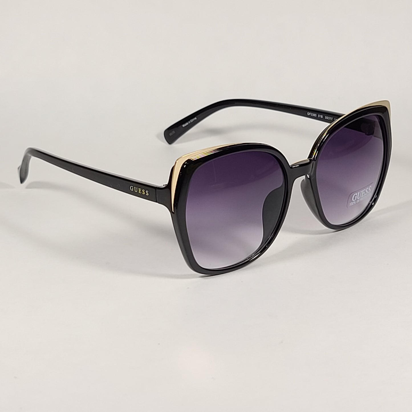 Guess Butterfly Sunglasses Shiny Black Gold Accent Gray Smoke Gradient Lens GF0380 01B - Sunglasses