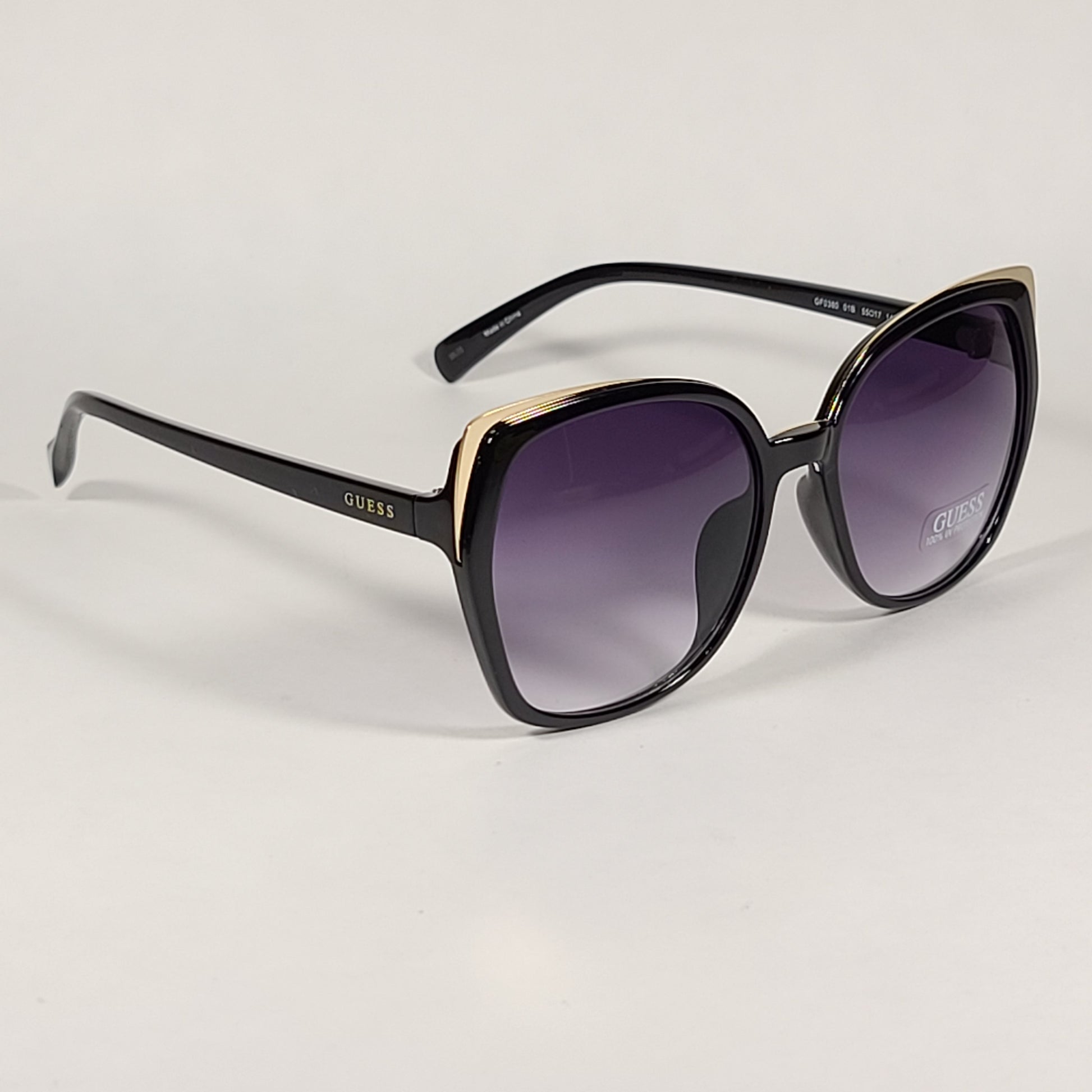 Guess Butterfly Sunglasses Shiny Black Gold Accent Gray Smoke Gradient Lens GF0380 01B - Sunglasses