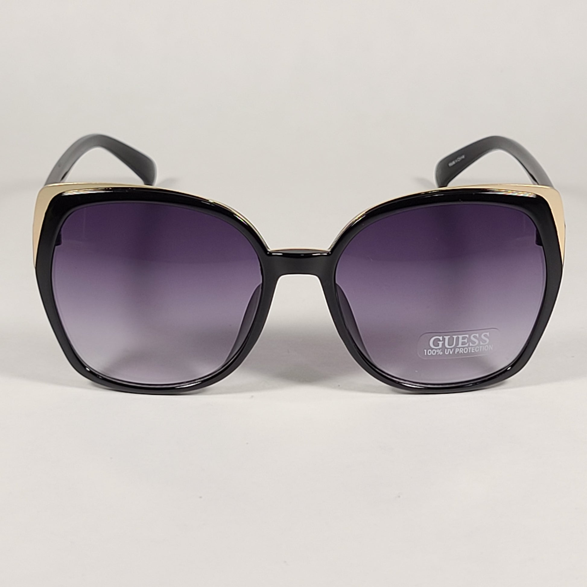Guess Butterfly Sunglasses Shiny Black Gold Accent Gray Smoke Gradient Lens GF0380 01B - Sunglasses