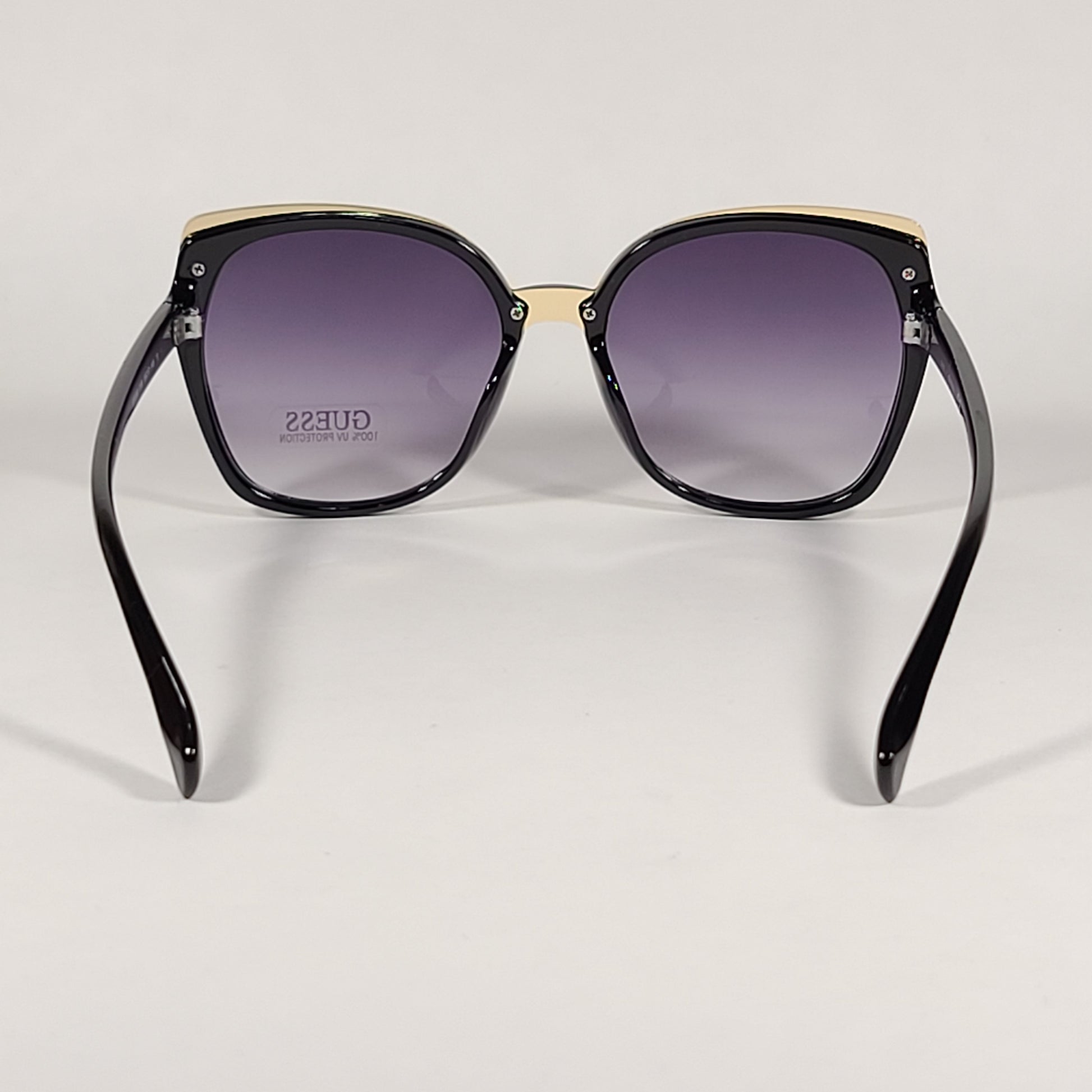 Guess Butterfly Sunglasses Shiny Black Gold Accent Gray Smoke Gradient Lens GF0380 01B - Sunglasses