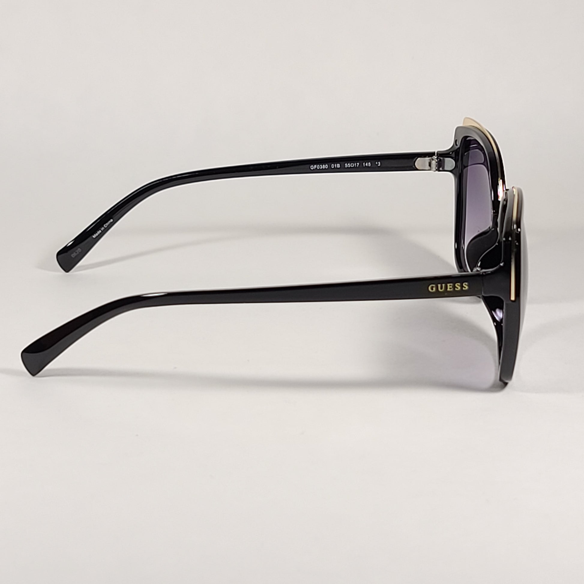 Guess Butterfly Sunglasses Shiny Black Gold Accent Gray Smoke Gradient Lens GF0380 01B - Sunglasses