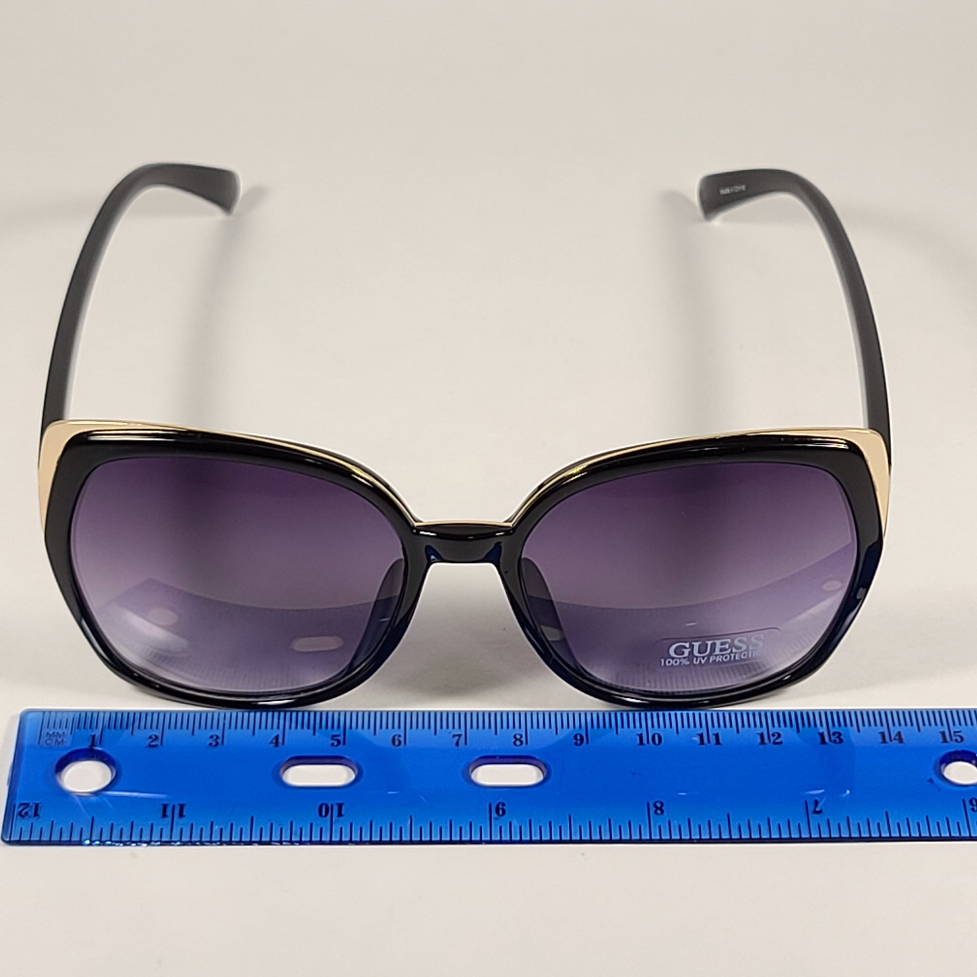 Guess Butterfly Sunglasses Shiny Black Gold Accent Gray Smoke Gradient Lens GF0380 01B - Sunglasses
