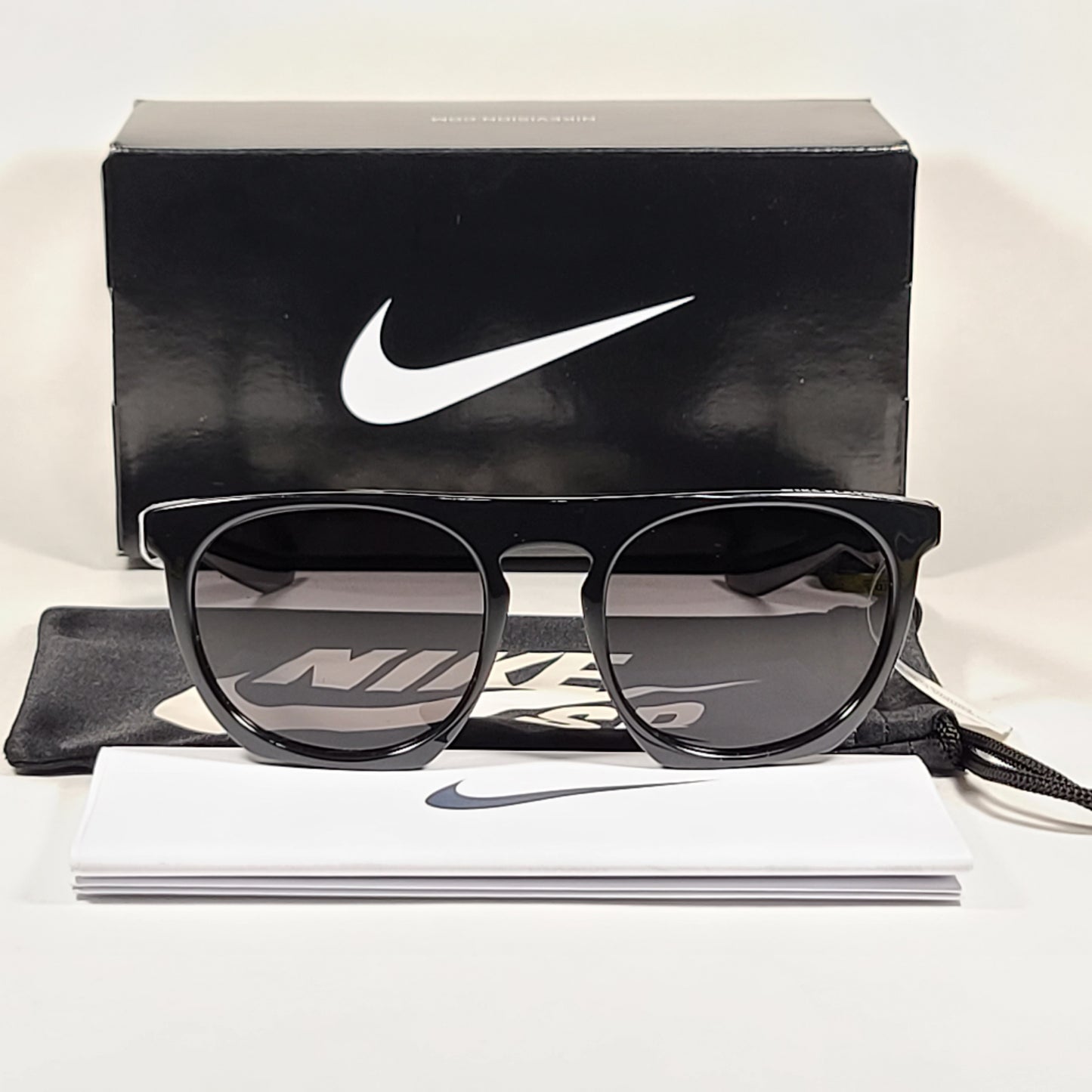 Nike Flatspot Round Sunglasses EV0923 001 Shiny Black Flat Top Frame Gray Lens - Sunglasses