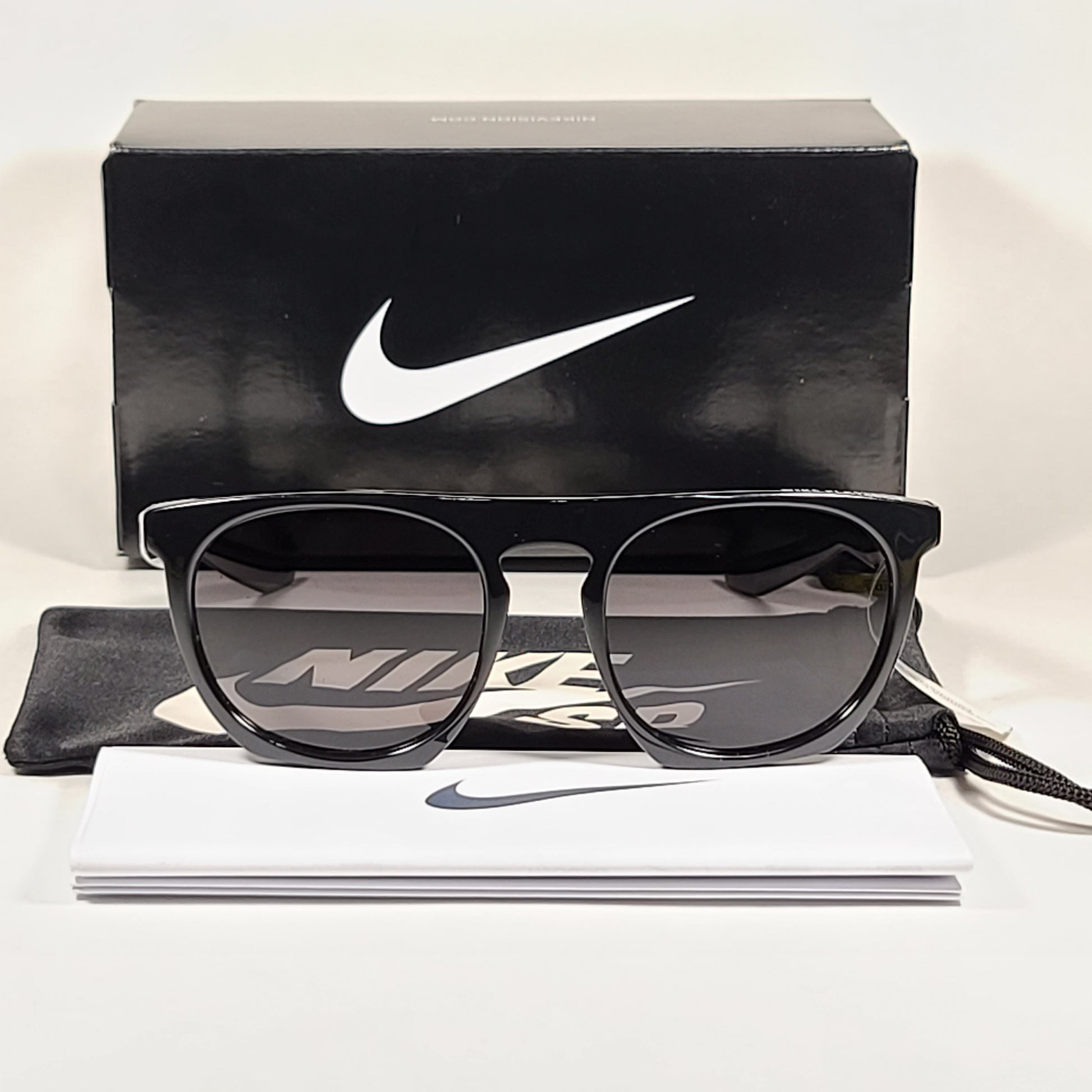 Nike Flatspot Round Sunglasses EV0923 001 Shiny Black Flat Top Frame Gray Lens - Sunglasses