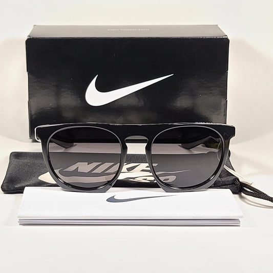 Nike Flatspot Round Sunglasses EV0923 001 Shiny Black Flat Top Frame Gray Lens - Sunglasses