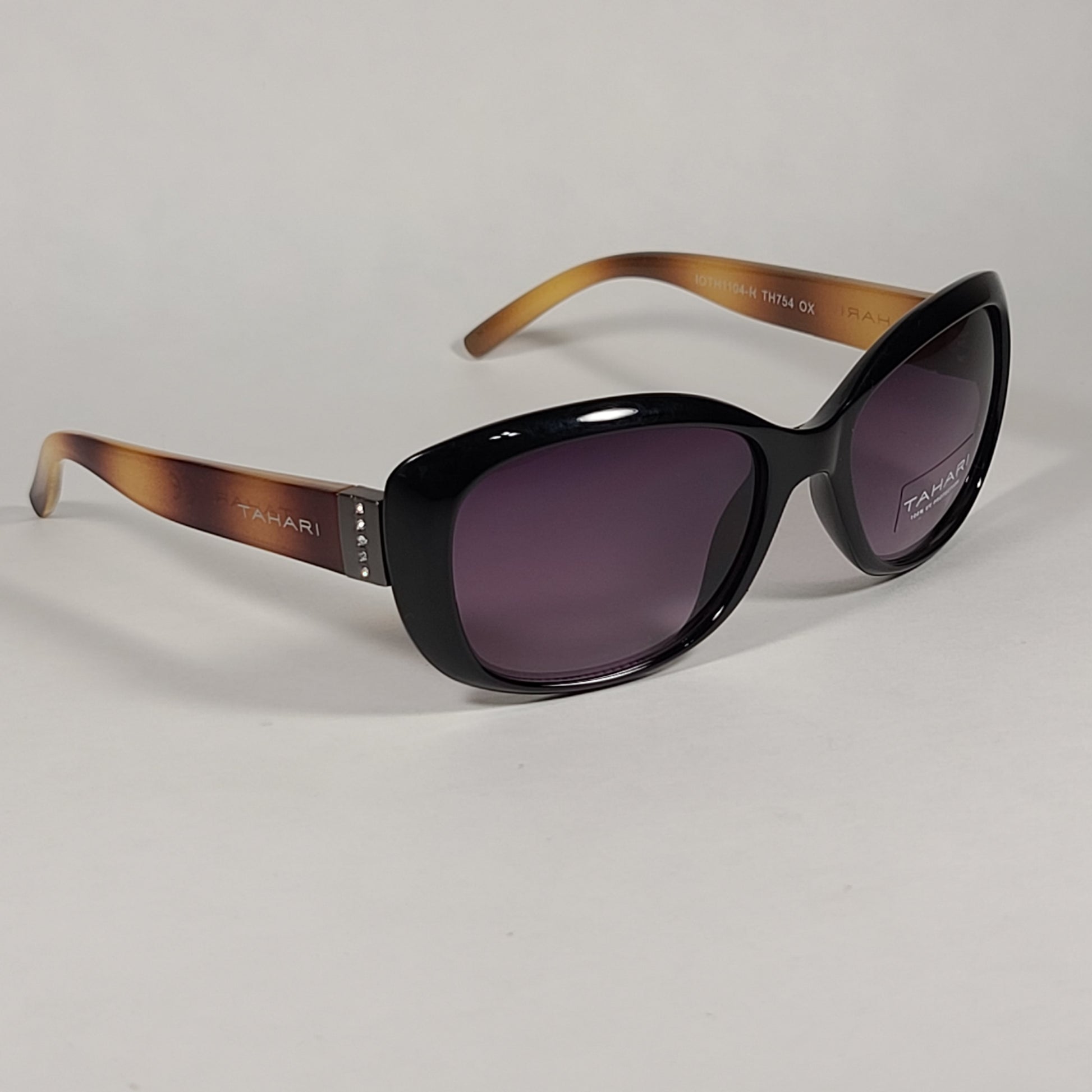 Tahari Oval Sunglasses Black And Light Havana Frame Rhinestone Temples Smoke Lens TH754 OX - Sunglasses