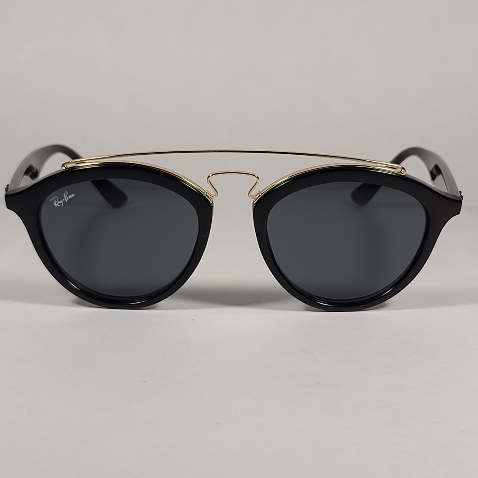 Ray-Ban Small Gatsby Round Sunglasses Shiny Black Frame Gold Trim Green Lens RB4257F 601/71 - Sunglasses