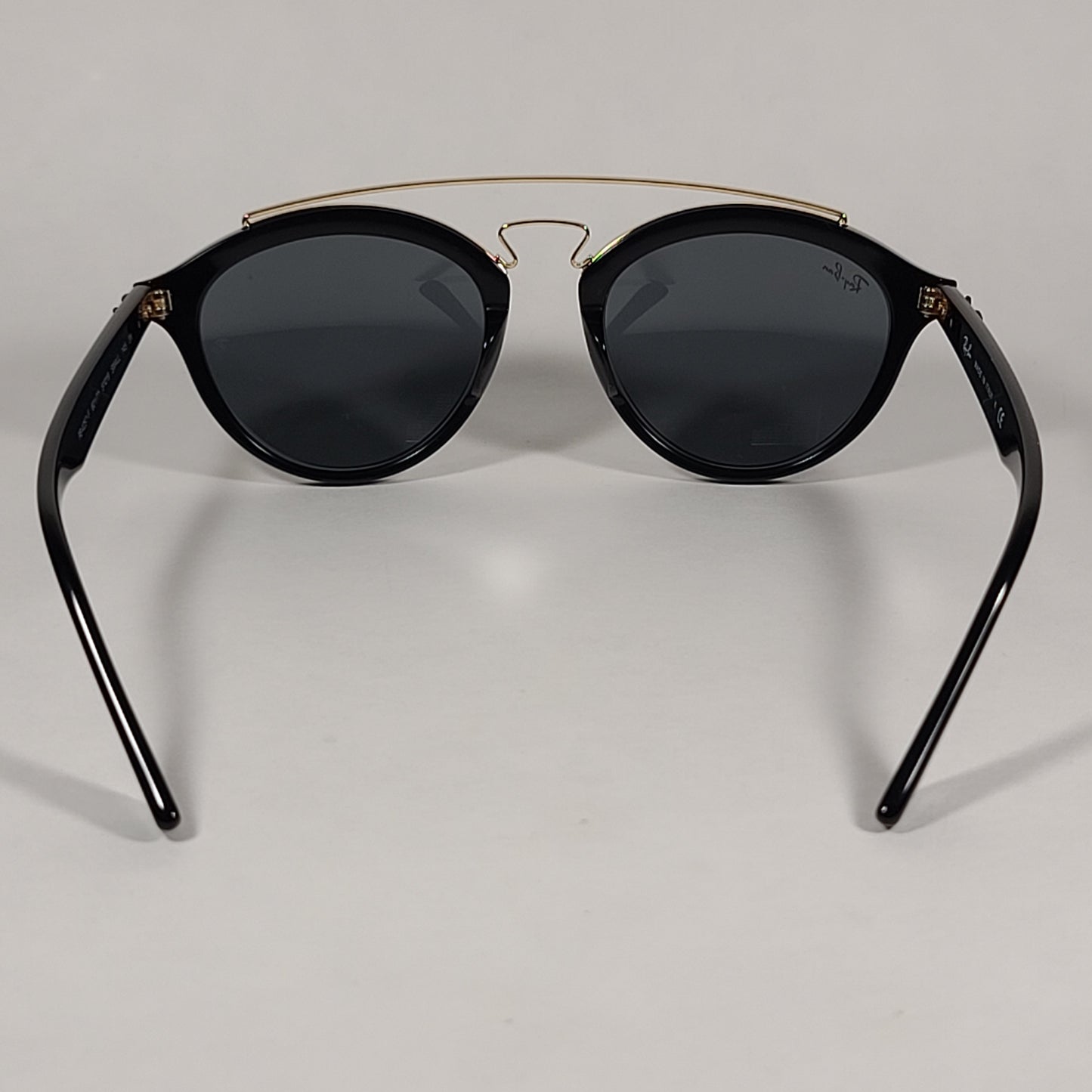 Ray-Ban Small Gatsby Round Sunglasses Shiny Black Frame Gold Trim Green Lens RB4257F 601/71 - Sunglasses