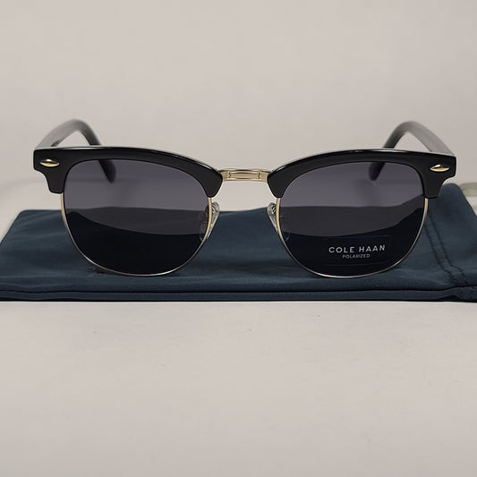Cole Haan CH8505 001 Polarized Square Club Sunglasses Shiny Black Gold Trim Gray Lens - Sunglasses