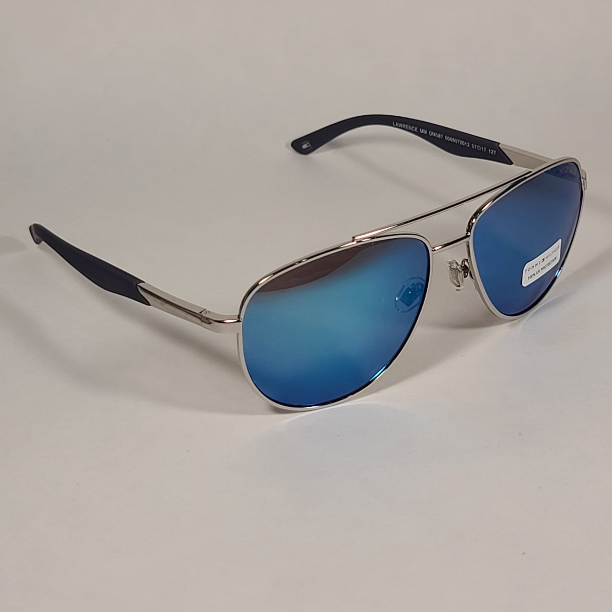 Tommy Hilfiger Lawrence Aviator Sunglasses Silver Tone Metal Frame Blue Mirror Lens LAWRENCE MM OM587 - Sunglasses
