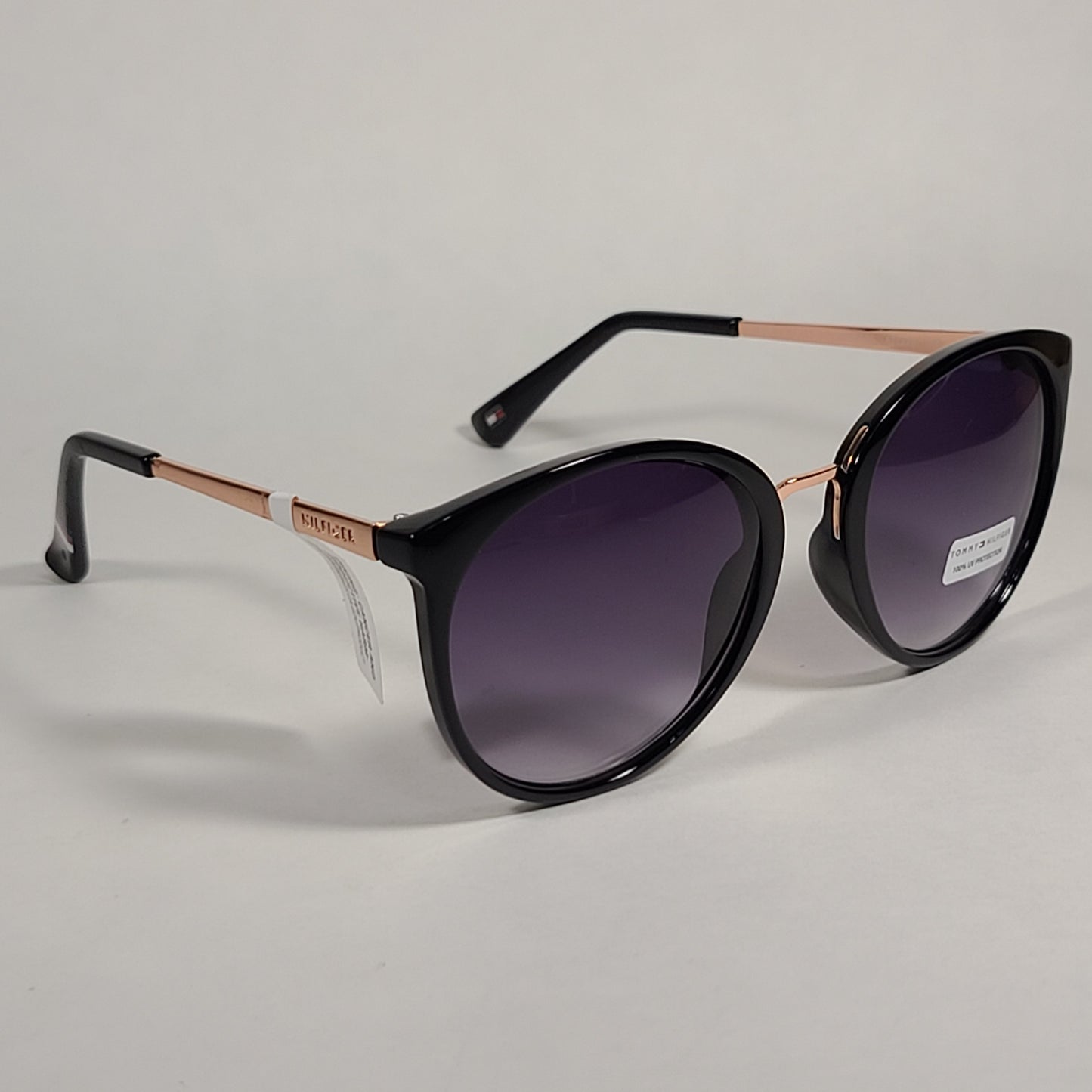Tommy Hilfiger Tru Round Cateye Sunglasses Black Rose Gold Smoke Gradient Lens - Sunglasses