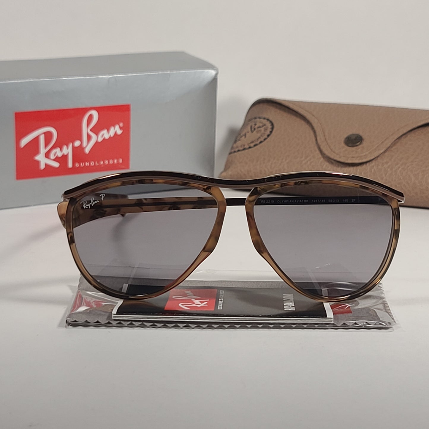 Ray-Ban Olympian Aviator Polarized Sunglasses Brown Havana Frame Polar Gray Lens RB2219 1287/48 - Sunglasses