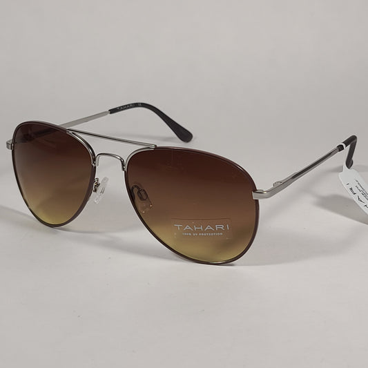Tahari Aviator Sunglasses Brown Gray Matte Silver Frame Brown Olive Tinted Lens TM113 MSVBR - Sunglasses